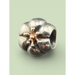 PANDORA Flower Bud 925 Silver 14k Yellow Gold Bead Retired #790184
